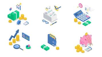 Accounting isometric color vector illustration set. Financial audit. Business strategy. Salary payment. Saving money. Banking. Bookkeeping. Investment. 3d concept isolated on white background