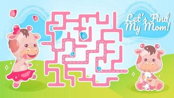 Lets find my mom labyrinth with cartoon character template. Animal searching for child find path maze with solution for educational kids game. Cute cow looking for calf printable flat vector layout