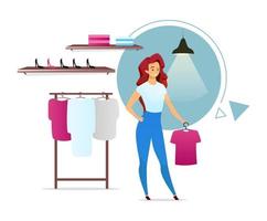 Ilustración de vector de color plano de vendedora. tienda de moda con estantes. boutique de ropa. clienta en tienda de ropa. mujer eligiendo ropa. personaje de dibujos animados aislado sobre fondo blanco