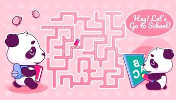 Lets go to school labyrinth with cartoon character template. Animal with backpack find path maze with solution for educational kids game. Studying cute little panda printable flat vector layout