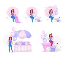 mujer haciendo juguetes hechos a mano conjunto de ilustraciones vectoriales planas. personaje femenino creando decoraciones para fiestas y juguetes. niña cosiendo felpa, peluches para niños. personajes de dibujos animados aislados vector