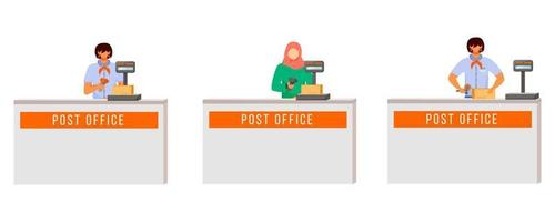 Post office female workers flat color vector illustration set. Woman with hijab scans packages. Post service delivery process. Collection point isolated cartoon character on white background