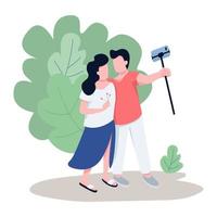 pareja romántica tomando selfie vector de color plano personajes sin rostro. turistas, vloggers transmitiendo en vivo desde el parque de la ciudad ilustración de dibujos animados aislados para diseño gráfico y animación web