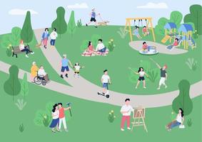 National park visitors flat color vector illustration. People enjoying summertime recreation activities, kids on playground 2D cartoon characters with trees, green lawns and paths on background