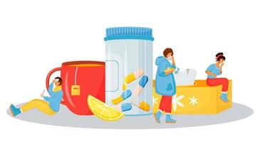 Illness treatment flat concept vector illustration. Pharmaceutical aid for man with flu. Vitamins for cold. Unwell patients 2D cartoon characters for web design. Symptoms of disease creative idea