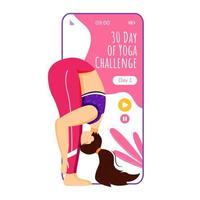 30 días de plantilla de vector de interfaz de teléfono inteligente de yoga. uttanasana. desafío. diseño de diseño rosa de la página de la aplicación móvil. mujer haciendo pose de yoga en la pantalla. interfaz de usuario plana para la aplicación. pantalla del teléfono