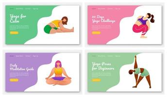 Yoga and meditation poses landing page vector template set. Stretch exercises. Bodypositive website interface idea with flat illustrations. Homepage layout, web banner, webpage cartoon concept