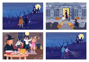 Halloween night celebration flat color vector illustration set