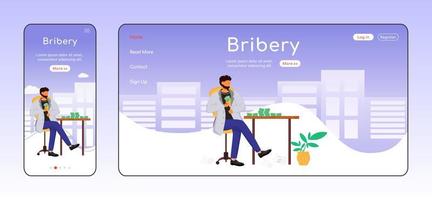 Bribery adaptive landing page flat color vector template. Corruption mobile and PC homepage layout. Illegal profit. Corrupted official one page website UI. Webpage cross platform design