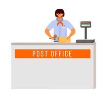 Post office female worker flat color vector illustration. Woman packs and scans packages. Post service delivery process. Parcels collection point isolated cartoon character on white background