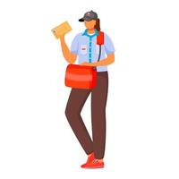 Post office female worker flat color vector illustration. Woman distributes parcels. Post service delivery. Woman in postal uniform and with bag isolated cartoon character on white background