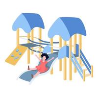 Happy child playing on slide flat color vector faceless character. Little girl sliding down on playground, childhood memories isolated cartoon illustration for web graphic design and animation