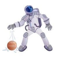 Cosmonaut and planet flat cartoon vector illustration. Astronaut, spaceman and celestial body. Ready to use 2d character template for commercial, animation, printing design. Isolated comic hero