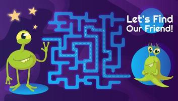 Aliens friend labyrinth with cartoon character template. Cute extraterrestrial find path maze with solution for educational kids game. Childish adventure printable flat vector layout