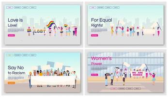 Equal rights protests landing page vector templates set. Social movements against racial and gender inequality website interface with flat illustrations. Homepage layout, web banner, webpage concept