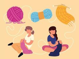 mujeres sentadas tejidas con lana vector