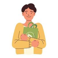 man holds eco bag vector