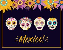 Cabezas de calaveras mexicanas con diseño de vectores de flores