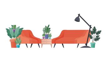 red couch and chair with plants vector design