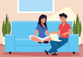 couple using laptop on sofa vector