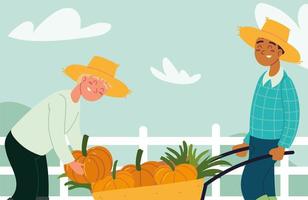 farmers with pumpkin harvest vector