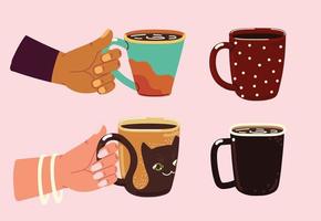manos y tazas de café vector