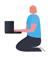 seated blond woman with laptop working vector design