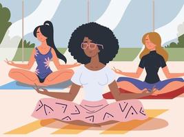 women doing class meditation vector