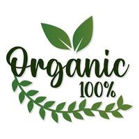 organic 100 percentage lettering with leaves under it vector