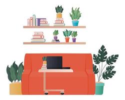 red couch under shelves vector design