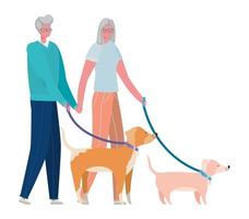 Senior woman and man cartoons with dogs vector design