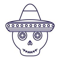 Cráneo mexicano con diseño de vector de icono de estilo de línea de sombrero