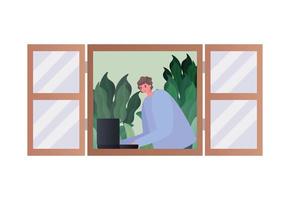 Man with laptop working at window vector design