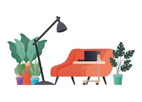 red couch with plants lamp and laptop vector design