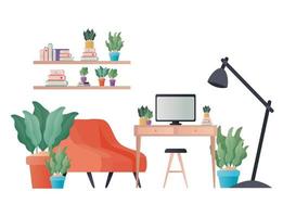 desk with computer lamp and plants vector design