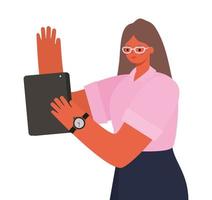woman with brown hair glasses and tablet working vector design
