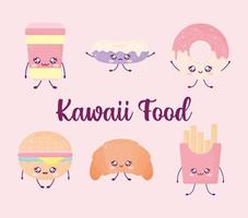 kawaii food lettering and set of kawaii food on pink background vector