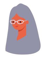 Cabeza de dibujos animados de mujer de pelo púrpura con diseño de vector de gafas