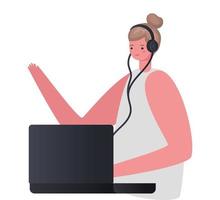 woman cartoon with laptop and headphone working vector design