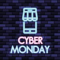 cyber monday lettering in neon font with a store icon vector