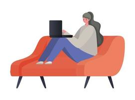 Woman with laptop on couch working vector design