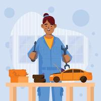 Car Repair Woman Fix Car On Her Garage Concept