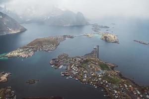 Scenic landscape of Lofoten islands peaks, lakes and houses photo
