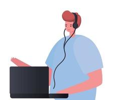 red hair man cartoon with laptop and headphone working vector design