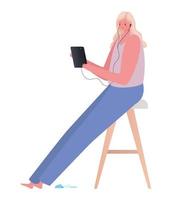 Mujer rubia sentada con tableta en silla de diseño vectorial de trabajo vector