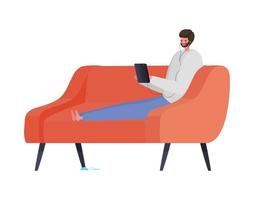 Man with tablet and headphone on couch working vector design