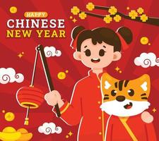 niña oriental y tigre sosteniendo la linterna celebrando el año nuevo chino vector