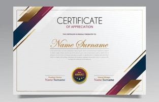 Plantilla de certificado con temas elegantes dorados y rojos. vector