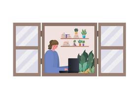 Woman with laptop working at window vector design