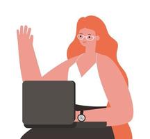 red hair woman cartoon with laptop working vector design